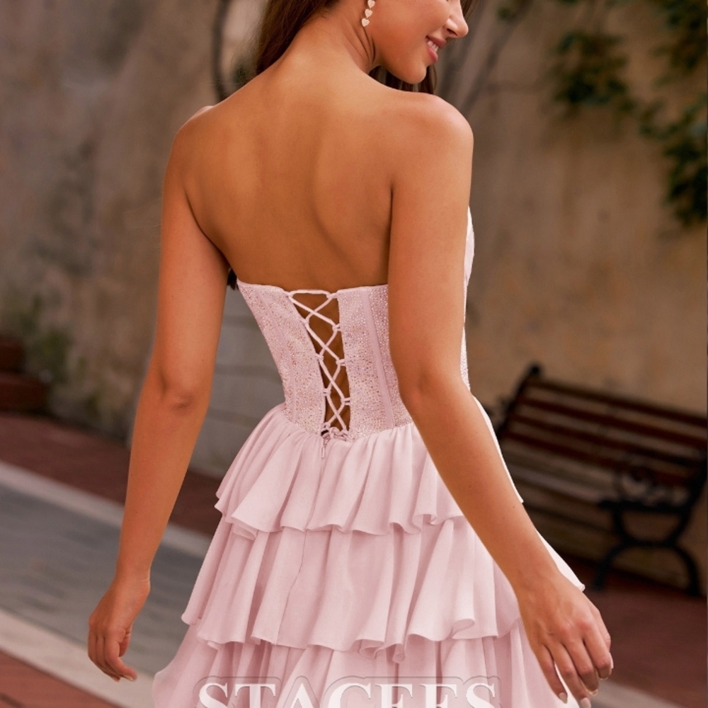 Pink Strapless Elegant Dress bodice adorned  dazzling rhinestones Corset Waist